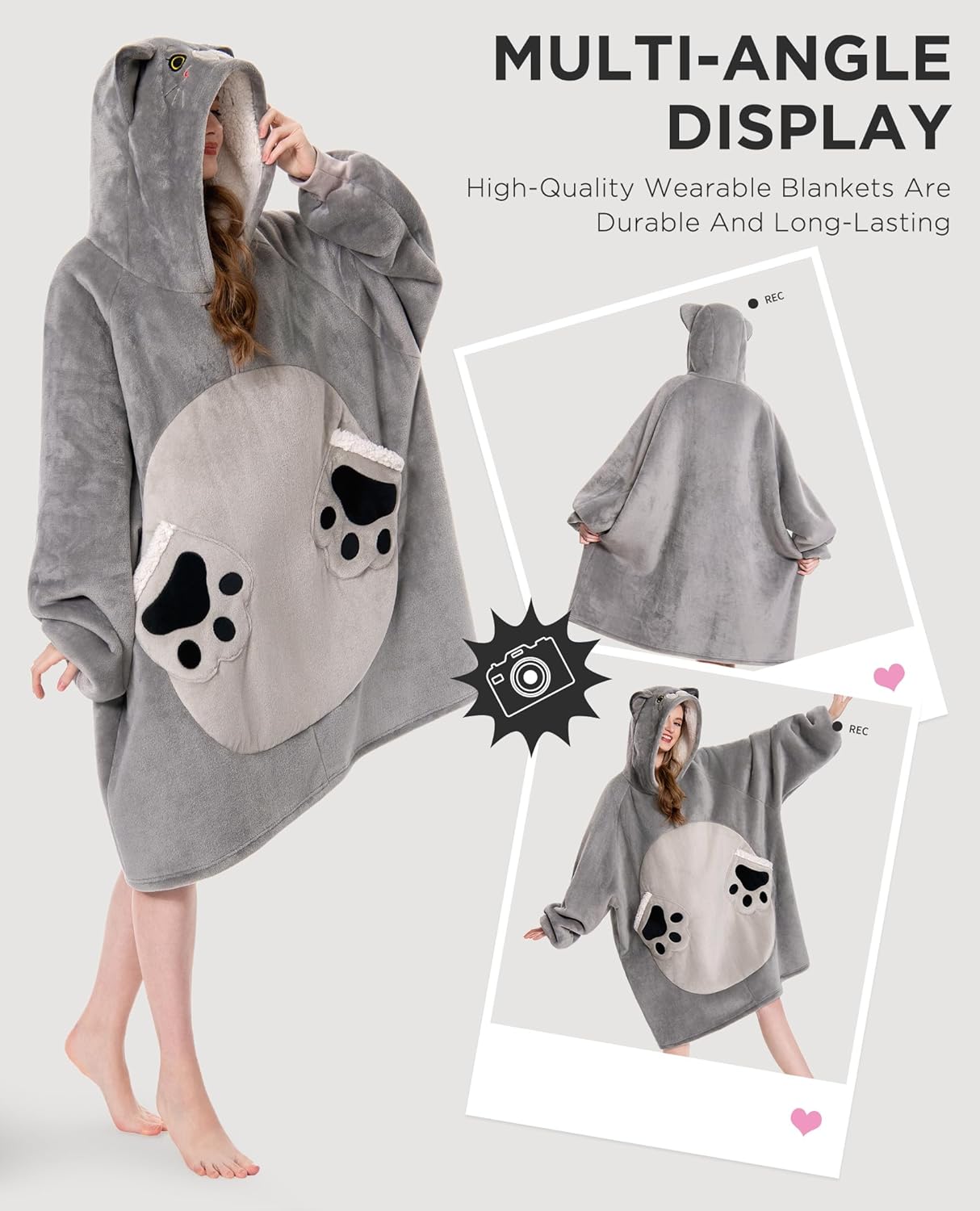 OLAOLA Wearable Blanket Hoodie for Adults - Oversized Animal Hooded Blanket - Soft Warm Cozy Sherpa Fleece Sweatshirt - Image 7