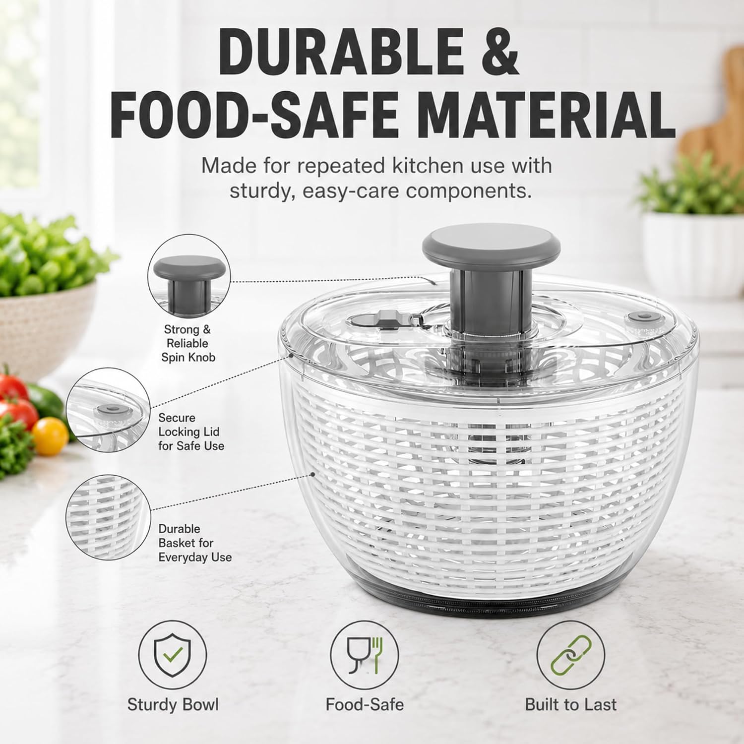 Salad Spinner Vegetable and Fruit Dryer, Large Capacity Manual Lettuce Spinner with Drain Basket and Serving Bowl, Kitchen Tool for Washing, Drying and Preparing Fresh Produce