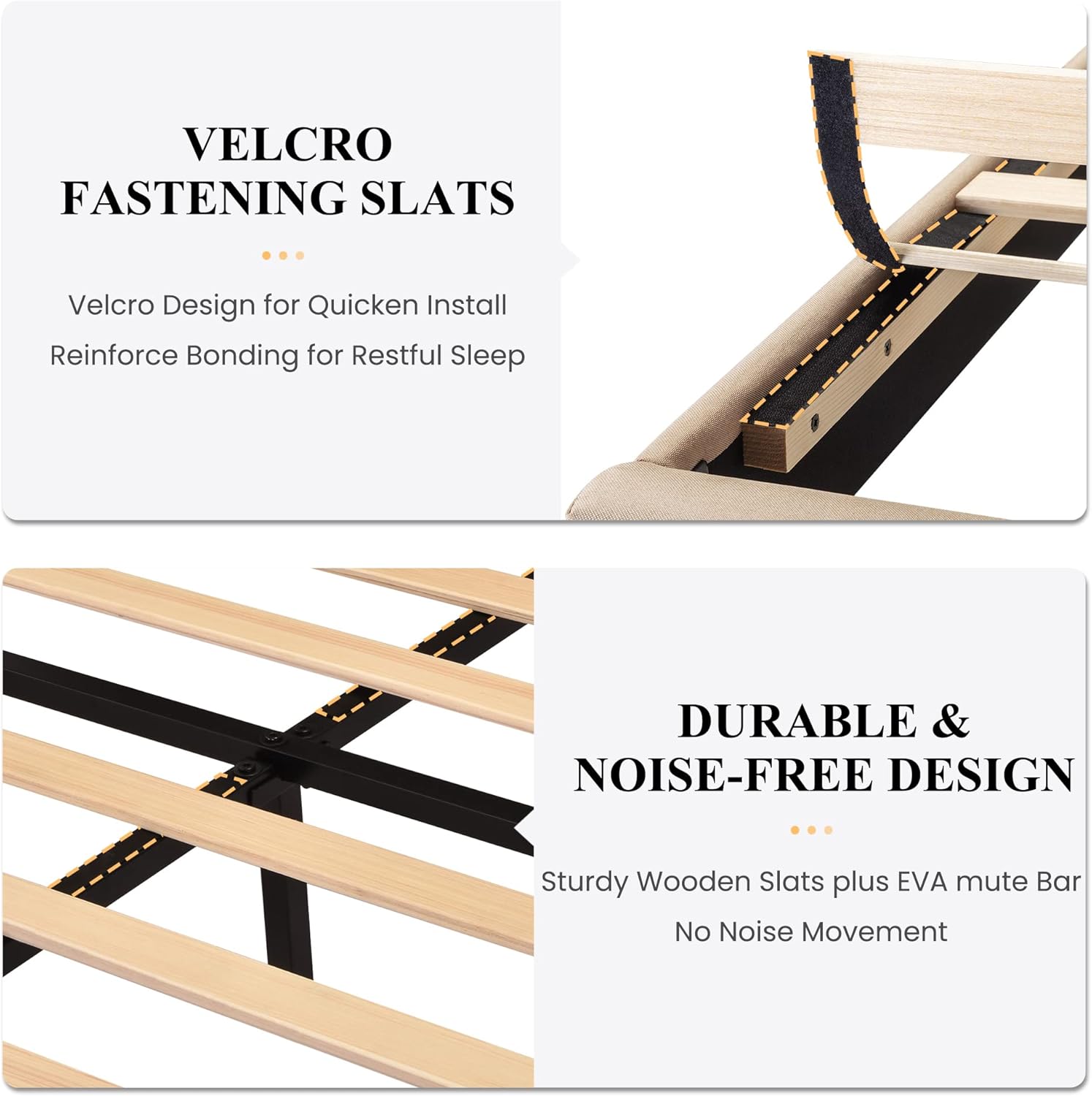 SHA CERLIN King Platform Bed Frame with Upholstered Fabric Headboard, Mattress Foundation with Strong Wooden Slats Support, No Box Spring Needed, Beige - Image 6