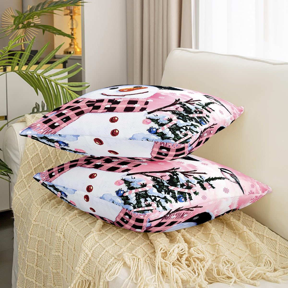 Homemissing Juego de 4 fundas de cojín para sofá, cama, silla, coche, diseño de muñeco de nieve navideño, color rosa, 50 x 50 cm