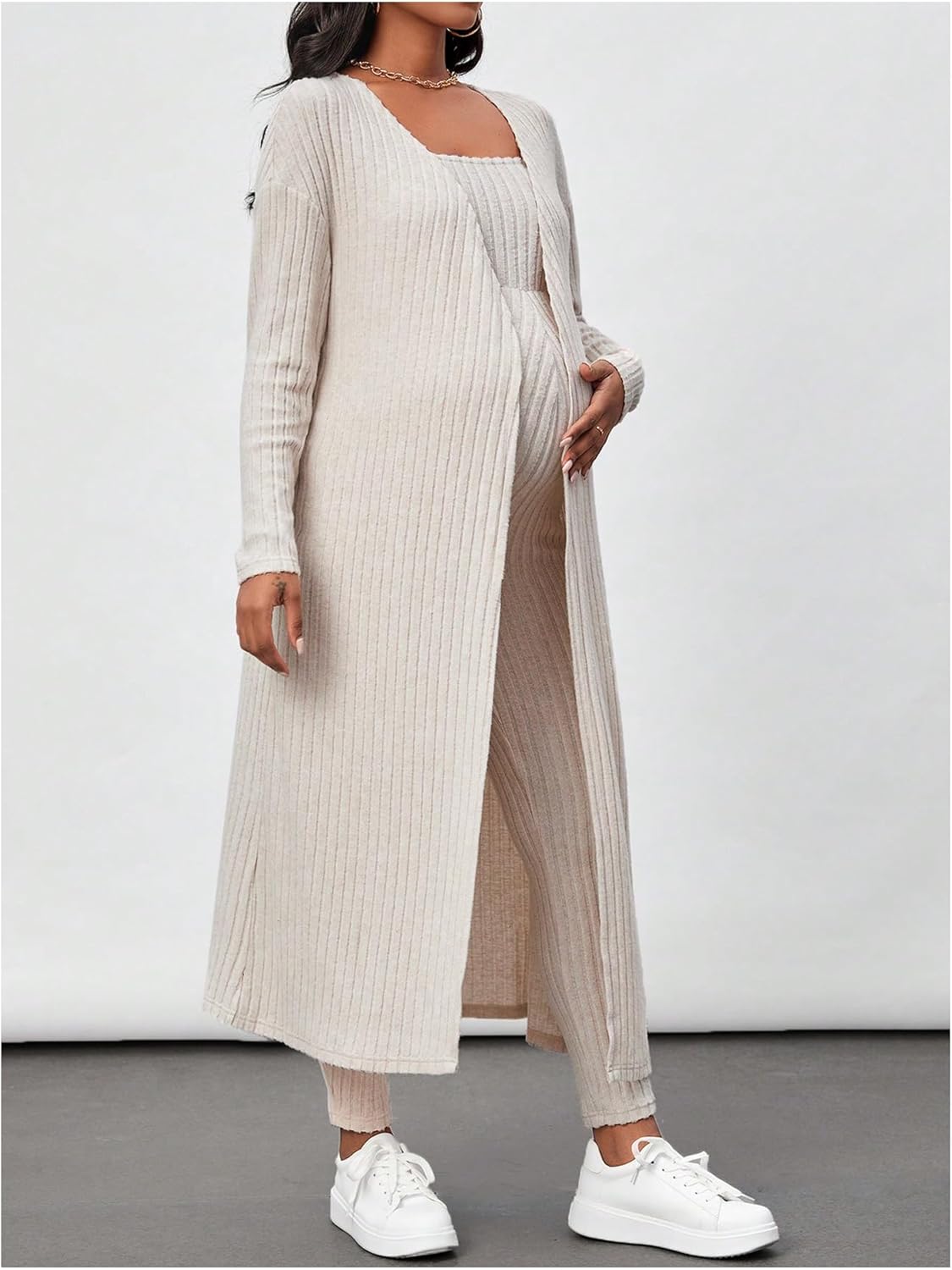 Women's Maternity Ribbed 2 Piece Outfit Strapless Skinny Leg Jumpsuit and Long Sleeve Cardigan Set - Image 5