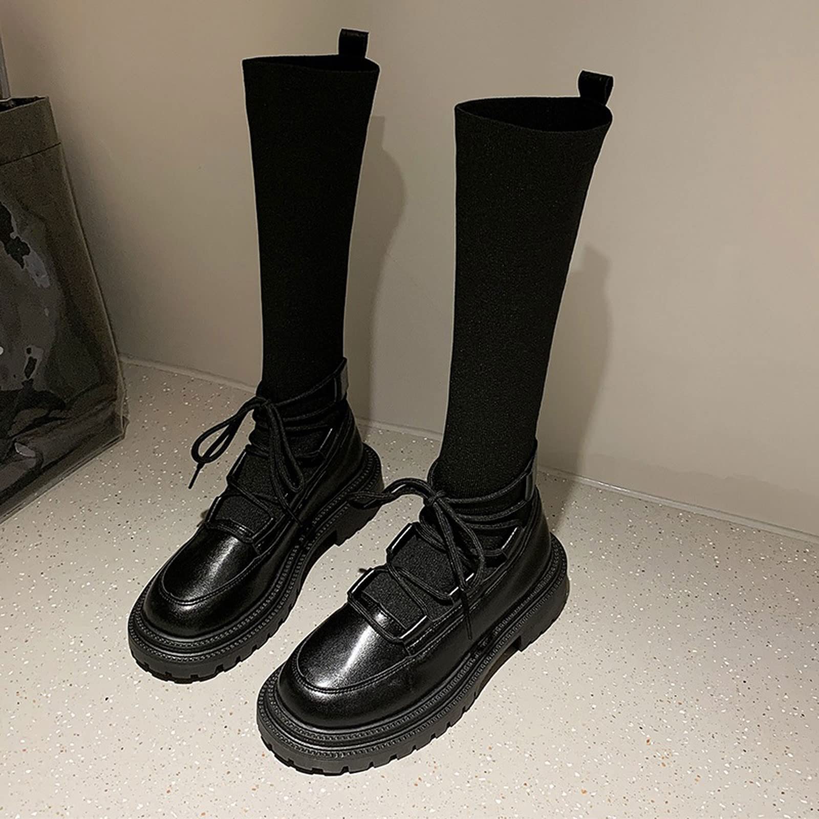 Damskie buty wysokie obcasy ciepłe śniegowce zimowe damskie platforma wysokie czółenka do kolan skarpety na co dzień motocyklowe designerskie buty (czarne, rozmiar CN-35)