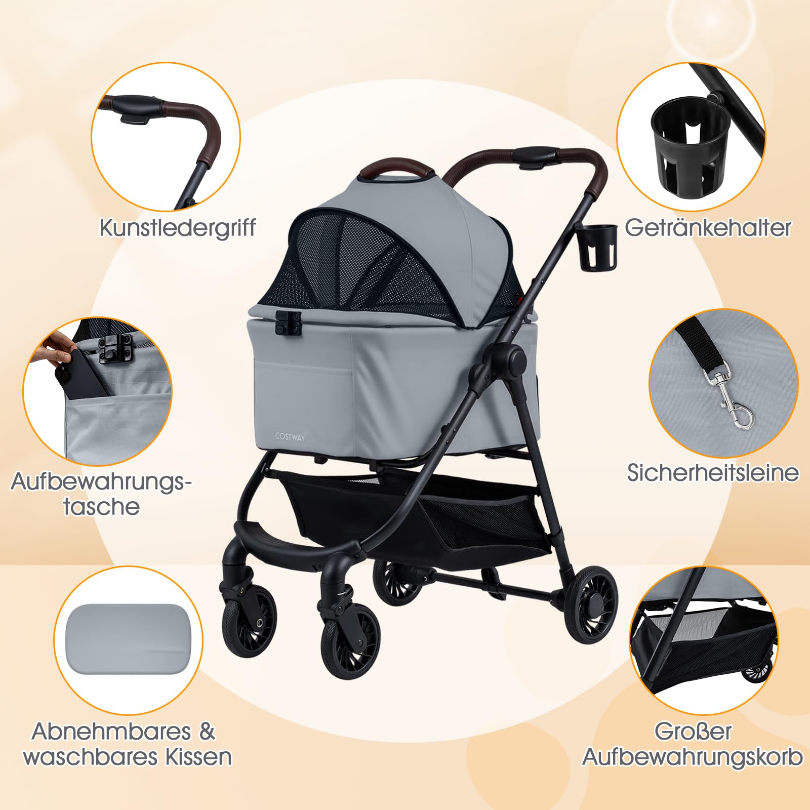 COSTWAY 3 in 1 Hundewagen, Hundebuggy mit verstellbarem Netzdach & Korb & Getränkehalter, Haustiere Buggy bis 15 kg, Hundebox Transporttasche klappbar, für Hunde Katzen Haustiere, Metall (Grau)