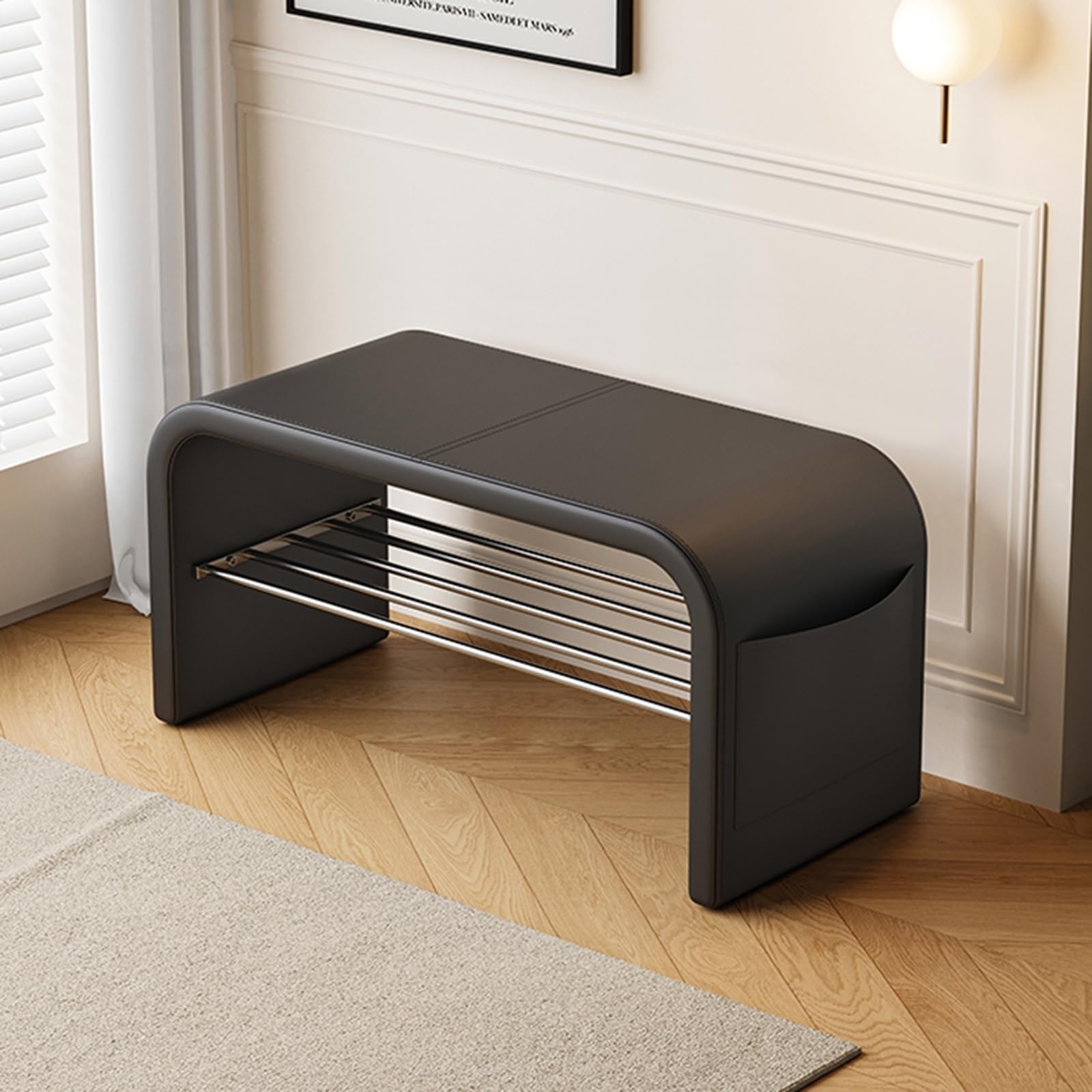 Meuble de couloir noir et banc de rangement pour ne plus encombrer l'entrée de vos chaussures