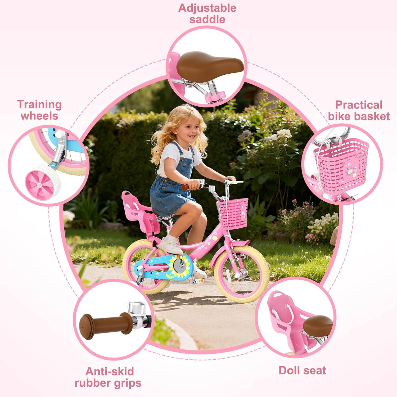 Glaf Toddler Girls Bike for Age 2-9 Years Old 12 14 16 Inch Girls Bike with Training Wheels and Doll Seat Kids Bike Bicycle with Basket