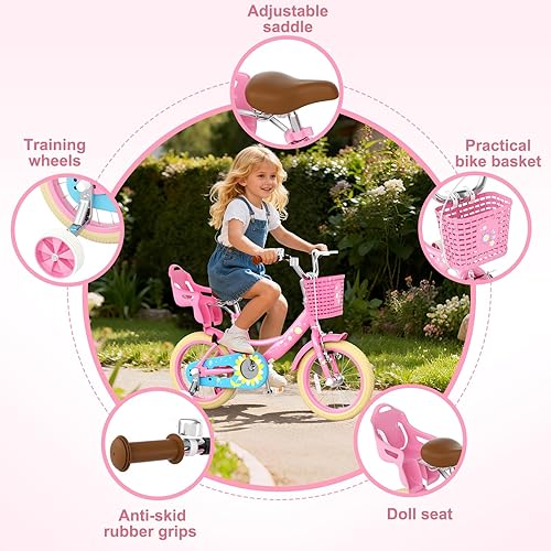 Miniatura 2 de Glaf Bicicleta para niñas de 3-5, 12, 14, 16 pulgadas, con ruedas de entrenamiento y asiento de muñeca de bebé, bicicleta para niños de 2 a 9 años,
