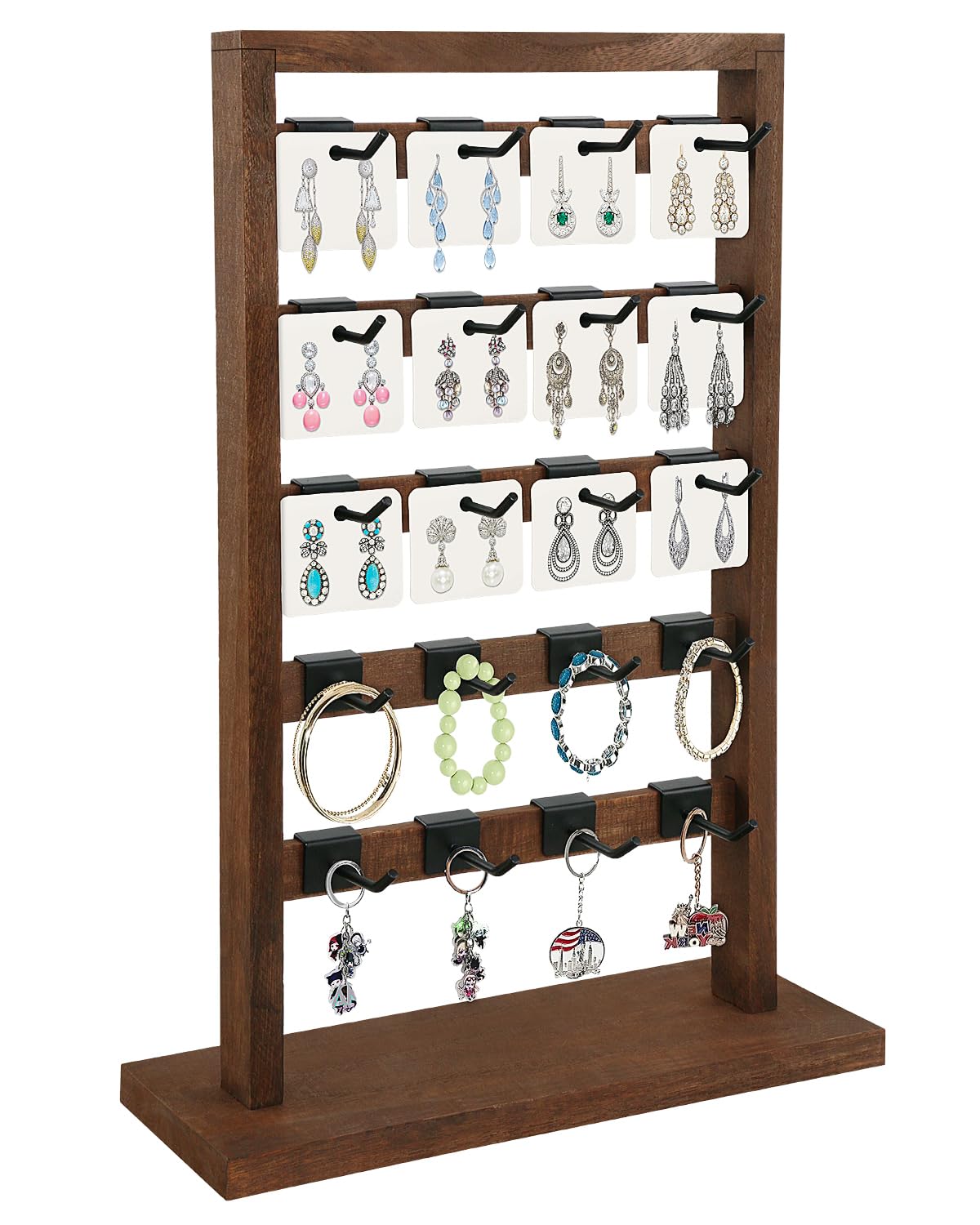Fumingpal Earring Display Stands For Selling, Wooden Jewelry Display Rack With 20 Removable Hooks, 5-Tier Jewelry Organizer For Earring Cards, Necklaces, Bracelets, Keychains(Brown