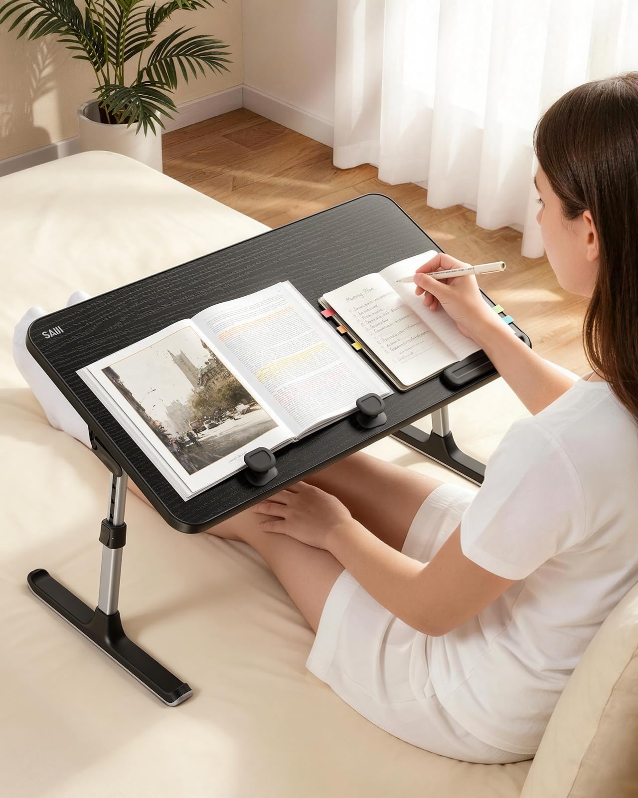 Mesa, SAIJI Mesa Plegable,Altura Ajustable, Soporte para Computadora Portatil en 5 Alturas, para sofá, Suelo, Trabajar, estudiar, Leer, Escribir, caben hasta 17 "portátil (52 * 30cm Negro)
