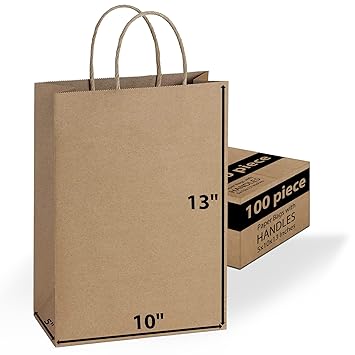 Kraft Paper Gift Bags Bulk with Handles [ Ideal for Shopping, Packaging, Retail, Party, Craft, Gifts, Wedding, Recycled, Business, Goody and Merchandise Bag] (100 Counts) (Brown)