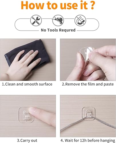 Miniatura 4 de 100 mini ganchos de luz con tiras adhesivas clips de luz pequeños transparentes para interiores, sin daños, gancho de pared de plástico para colgar,
