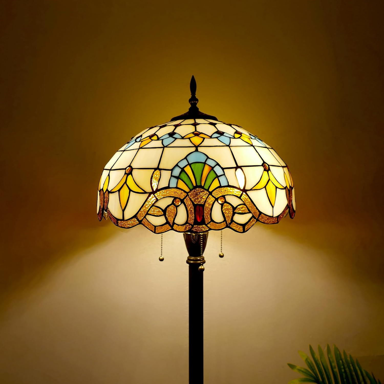 Tiffany Floor Lamp 3-Lights Baroque Stained Glass Standing Reading Light, Antique Pole Corner Floor Lamp with Pull Chain Switch, E26 LED Bulbs Included, for Living Room Bedroom Home Office