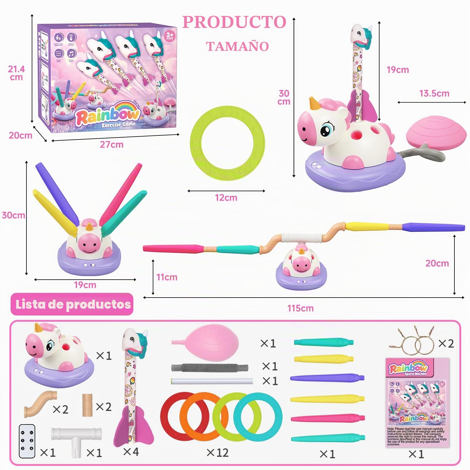 Unicornio Juguetes para Niñas 3-9 años 3 en 1 Juego Musical Saltar Cohete Lanzamiento Aros Regalo Cumpleaños