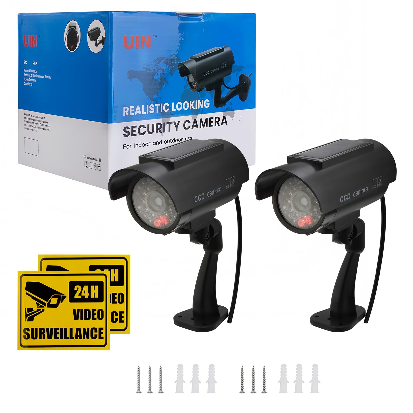 Twilight Garage Lot de 2 caméras de vidéosurveillance factices solaires étanches avec lumière LED rouge clignotante et autocollant d'avertissement de sécurité, utilisation en intérieur et en extérieur