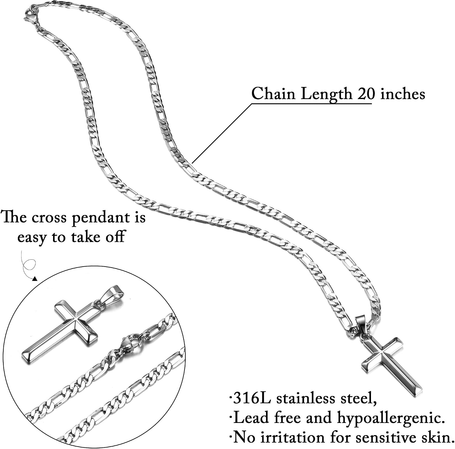 Cross Necklace Gifts for Men Boys - Figaro Chain Cross Necklace for Him Baptism Religious Gift for Son Anniversary Birthday Graduation Gifts for Men Boys Son Husband