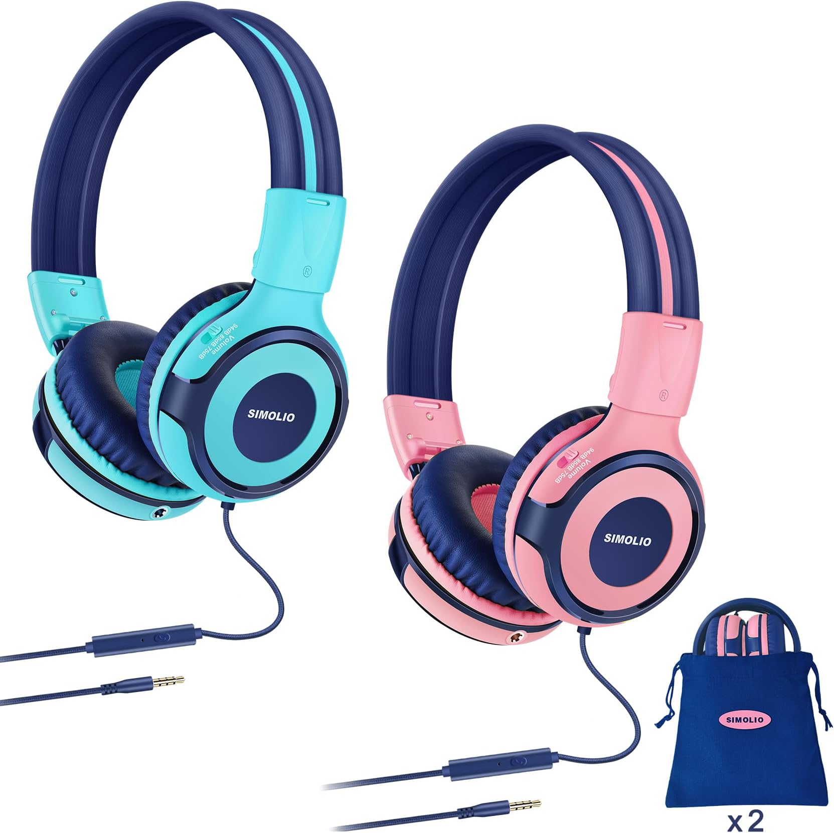 SIMOLIO 2 Pack Headphones for Kids with Mic, 75dB/85dB/94dB Safe Volume Limit, Wired School Headphones for Girls Boys Children Tablet Laptop Travel with Audio Share Function (Mint,Pink)