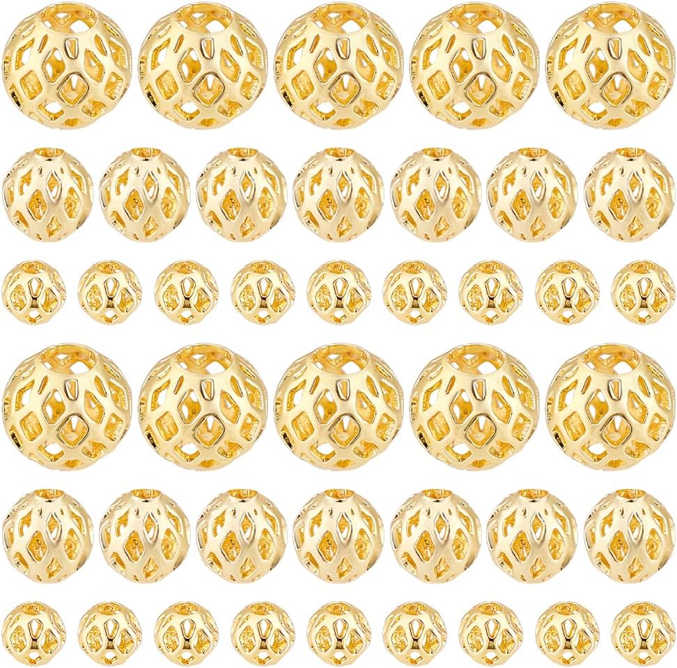 PH PandaHall 60pcs 18k Gold Plated Round Brass Hollow Metal Spacer Beads, 3 Sizes - 4/6/8mm for Earrings, Bracelet, Pendant, Waist Chain, Necklaces, DIY Crafts