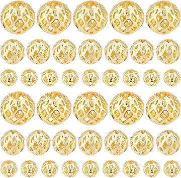 PH PandaHall 60pcs 18k Gold Plated Round Beads, 3 Sizes Round Brass Hollow Bead Metal Spacer Beads Loose Bead for Earrings Bracelet Pendant Waist Chain Necklaces Jewelry DIY Crafts, 4/6/8mm