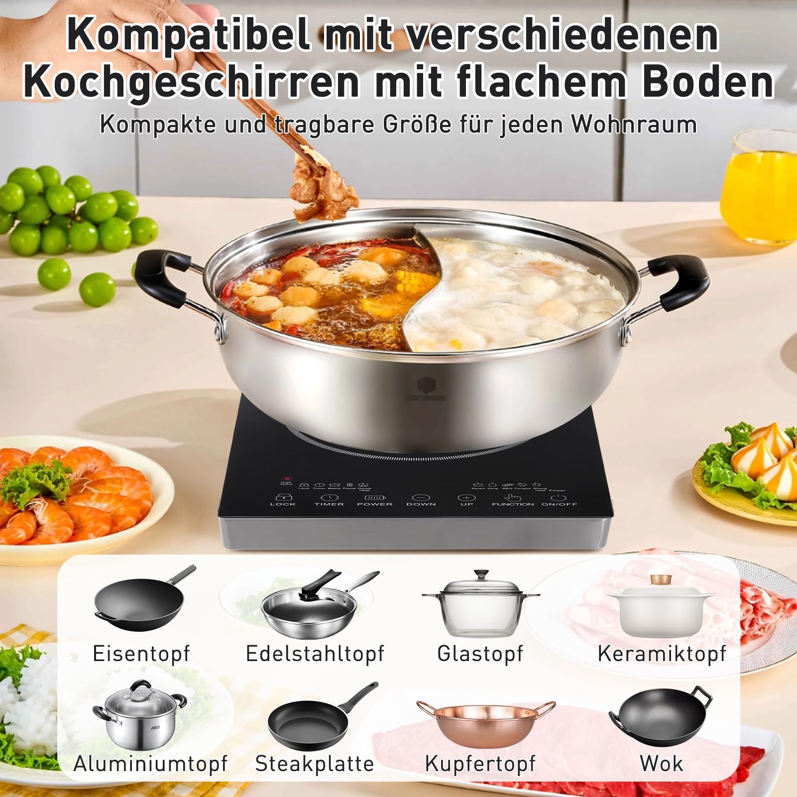 3500W Infrarot-Induktionskochfeld 1 Platte, Elektrische Kochplatte mit Touchsteuerung & Timer, Glaskeramik Kochfeld für Küche, Camping