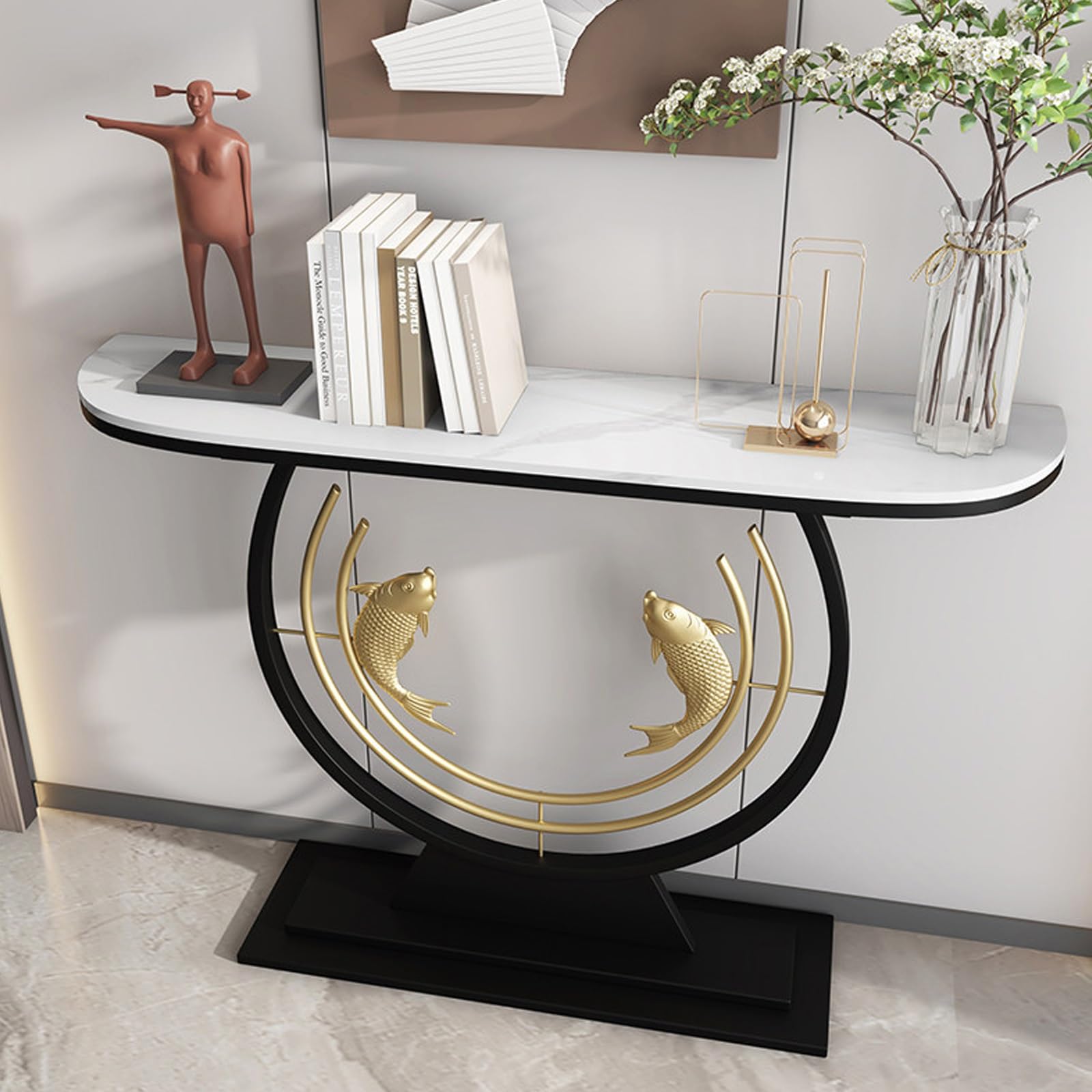 Mesa consola de media luna blanca de 31.5 pulgadas para recibidor estrecho
