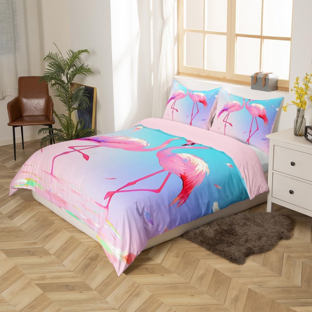 jejeloiu Girls Flamingo Duvet Cover Twin Size Kids Tropical Flamingo Pattern Comforter Cover Set for Boys Teens Animal Decor Bedding Set Breathable Bird Print Bedspread Cover Room Decor Quilt Cover