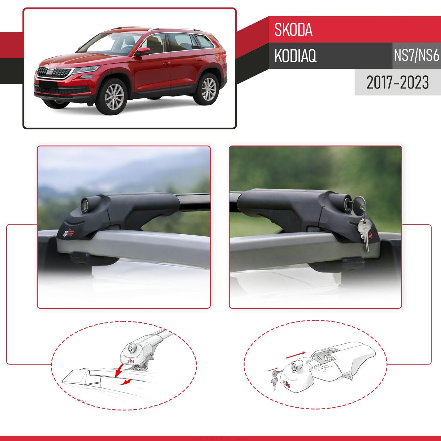 Kompatibel mit Skoda Kodiaq (NS7/NS6) 2017-2023 ACE-1 Modell Relingträger Dachträger Auto Gepäckträger Schwarz Aluminium 2 Stangen