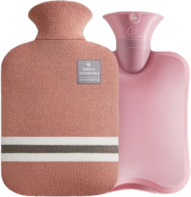 2 Litre Hot Water Bottle PVC Material No Odour Hot Water Bag Knitted Shirt Stripes Can Be Heated for Winter Hand and Foot Warming (Leather Pink)