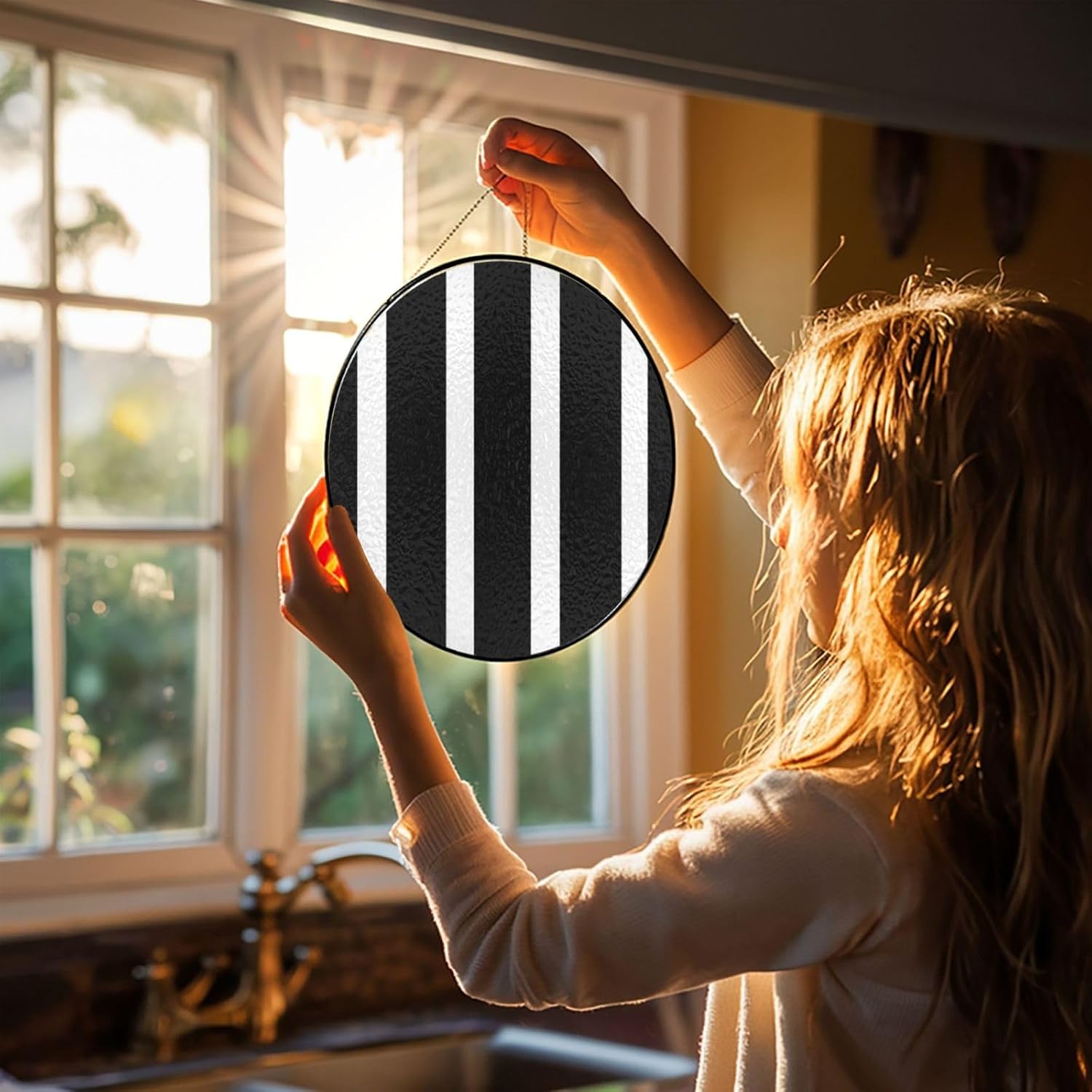 Stained Glass Window Hanging Stripes Black White Sun Catchers Indoor Outdoor Decor Window Suncatcher Door Garden Sunroom Sun Catcher Home Decor Birthday Christmas for Mom Men