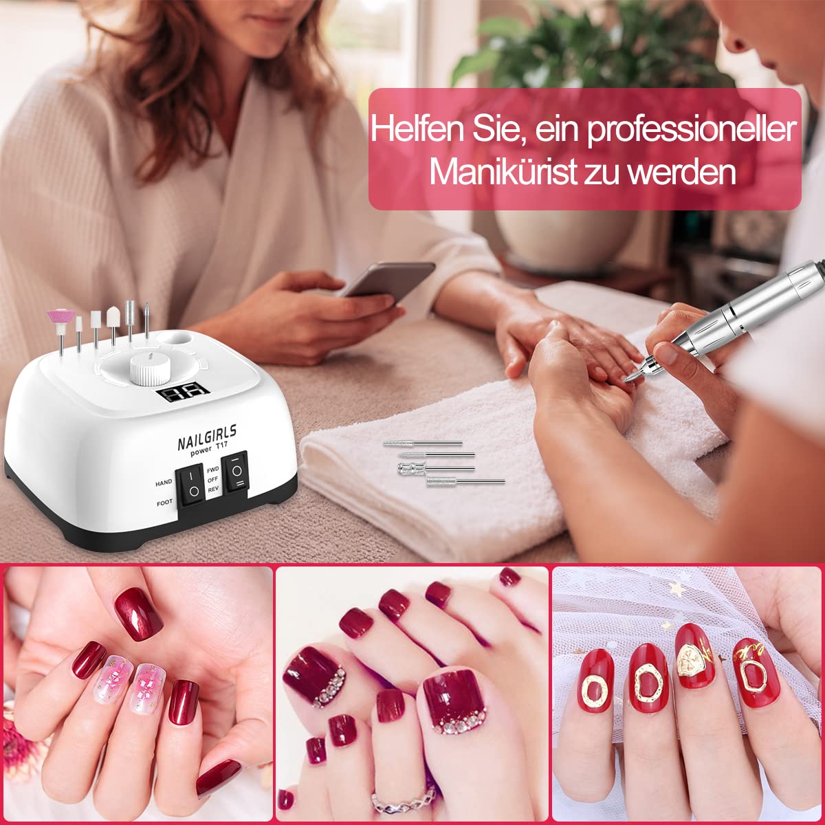 NAILGIRLS Elektrische Nagelfräser, 11 in 1 Nagelfräser für Gelnägel, 35000 U/min, Leise, mit LCD-Display und Fußpedal, Maniküre Set Elektrisch, Maniküre Pediküre Set für Anfänger & Profis(Weiß)