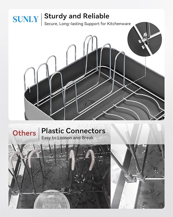 SUNLY Expandable Dish Drying Rack, Versatile Brackets for Pots & Pans, Space Saving Kitchen Drying Rack, Dish Racks for Kitchen Counter, Stainless Steel Dish Drainers with Extendable Spout, Black
