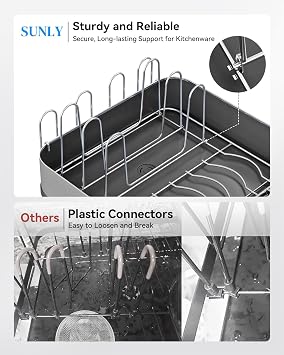 SUNLY Expandable Dish Drying Rack, Versatile Brackets for Pots & Pans, Space Saving Kitchen Drying Rack, Dish Racks for Kitchen Counter, Stainless Steel Dish Drainers with Extendable Spout, Black