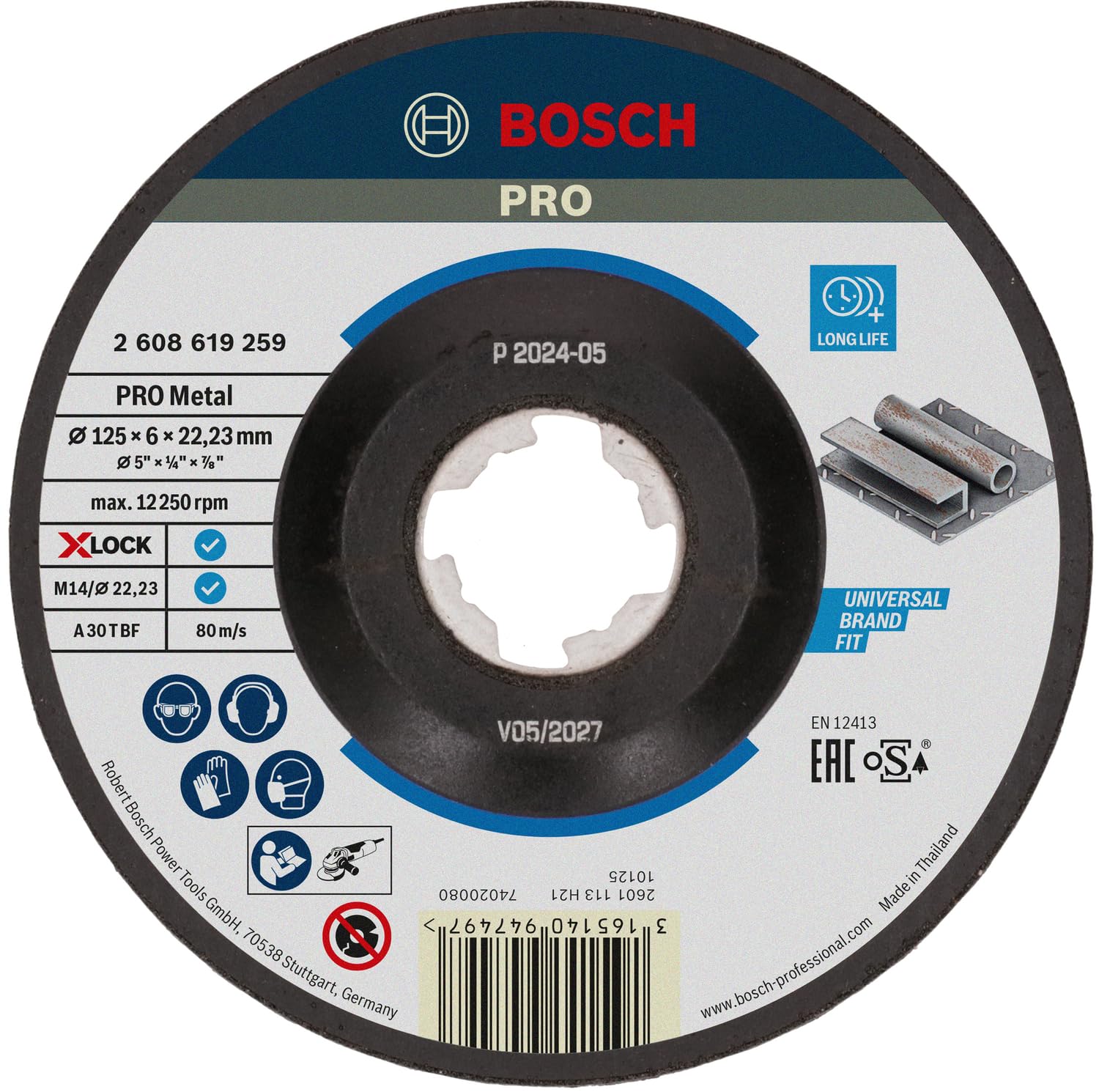 Bosch Professional 2608619259 Mola Da Sbavo A Centro Depresso, Per Metallo, X-Lock, Ø125 Mm, Diametro Ø: 22.23 Mm, Spessore: 6 Mm-image