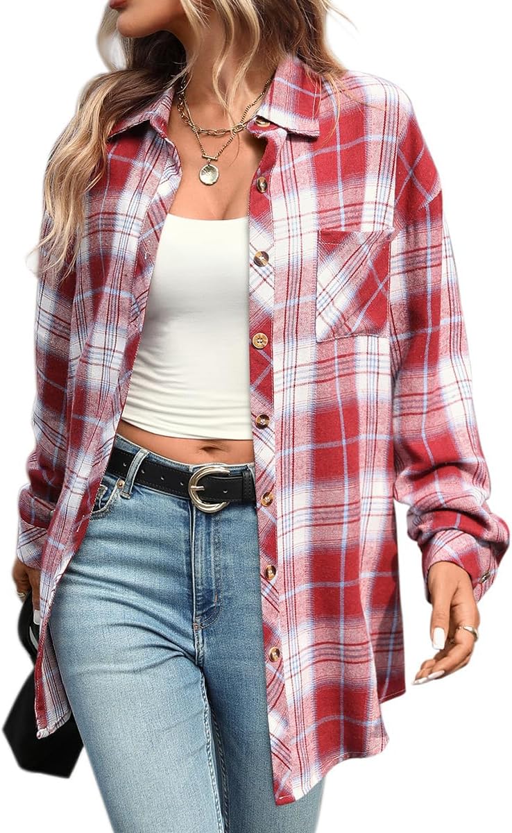 CHYRII Womens Oversized Flannel Shirts Button Down Long Sleeve Plaid Shirt Business Casual Blouse Top