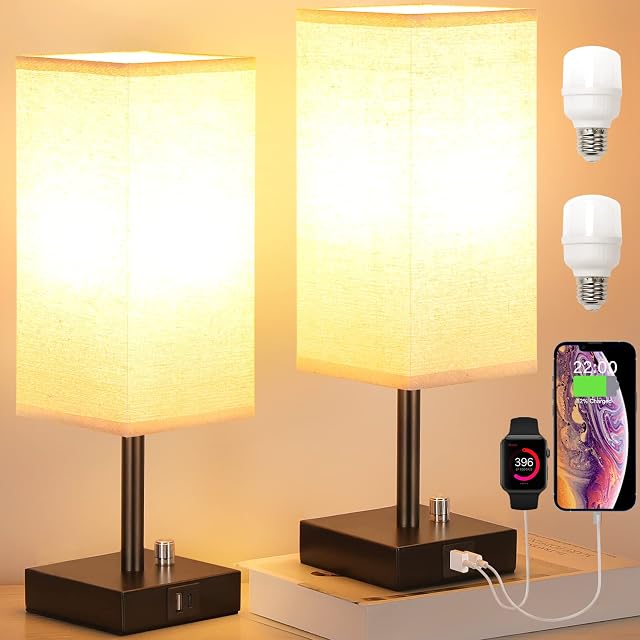Seealle Bedside Lamps Set of 2, Small Lamps with USB A+C Charging Ports, Bedroom Table Lamps Set with Fabric Shade,Fully Dimmable Table Lamps for Bedroom, Living Room and Office( LED Blub Included)