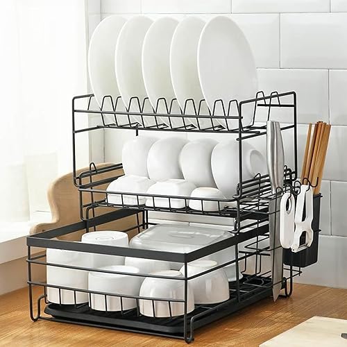 Escurridor de platos de 3 niveles, escurridor de platos negro para encimera de cocina, coladores de platos de acero inoxidable para encimera de