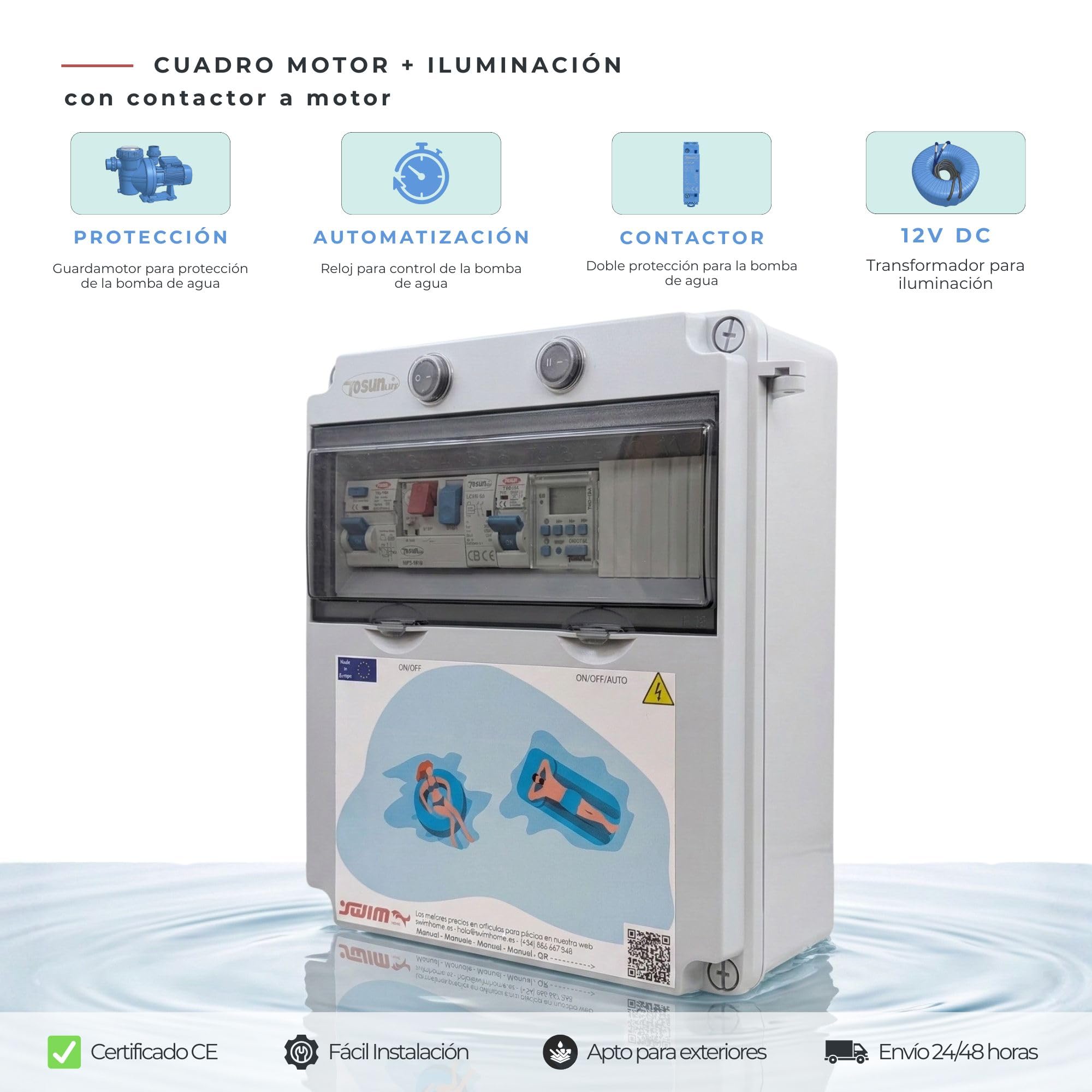 SWIMHOME Cuadro Eléctrico Piscina 2CV, Contactor Clorador, Transformador 150W 12V DC, Control RGB, Mando, Gris
