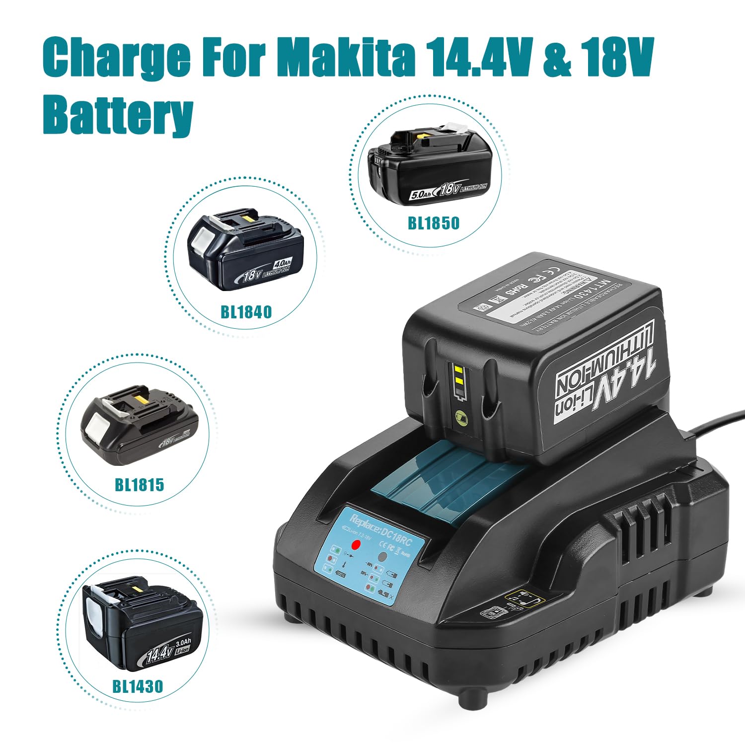 Energup Cargador 18V DC18RA-DC18RC-DC18RD-DC18SF y BL1430-BL1415-BL1850-BL1840-BL1830 para Makita