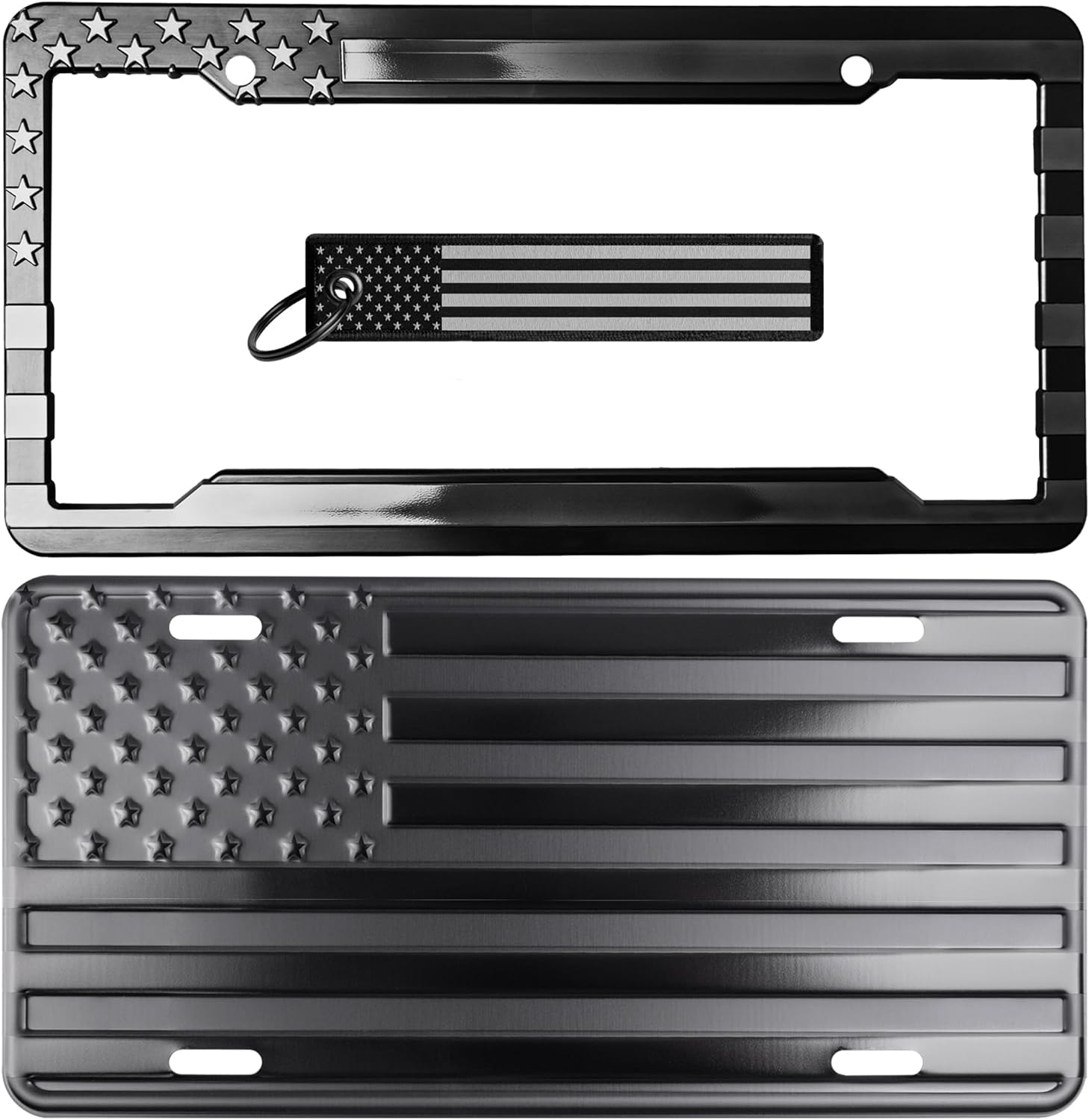 American Flag License Plate, Frame, and Key Tag Combo Black-on-Matte Black