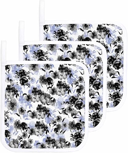 3 Packs Botanical Blue Pot Holders Sets for Kitchen,Oven Pan Plate Bowl Pads Heat Proof Mat with Hanging Loop,Terry Cloth Potholders Soft Grip for