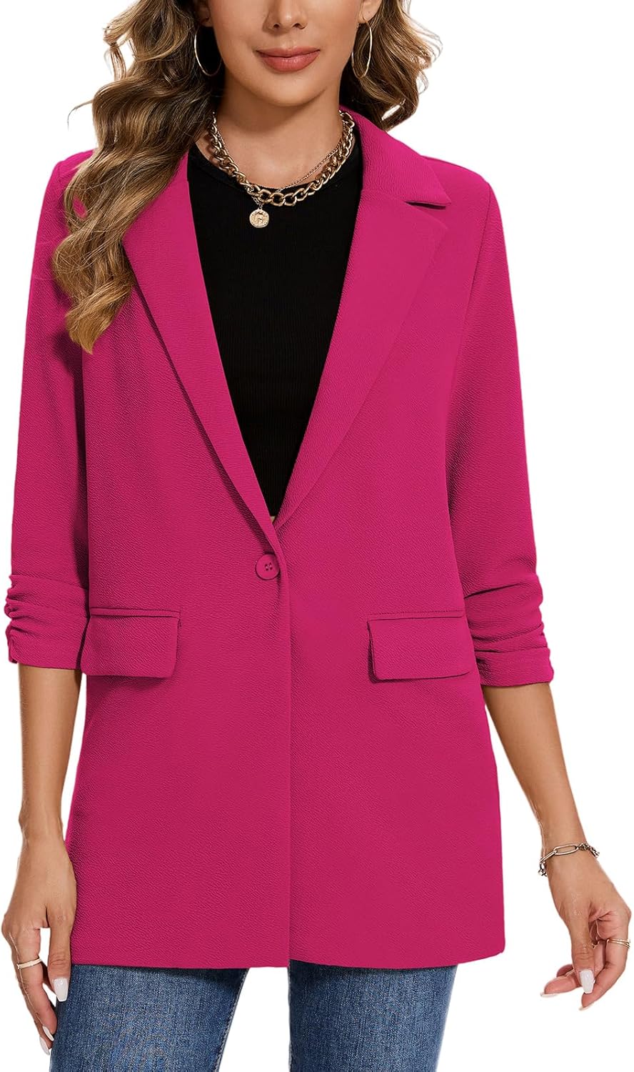 MINTLIMIT Women's Casual Long Blazer 3/4 Ruched Sleeve Lapel Button Front Work Office Blazers Suit Jacket with Pockets