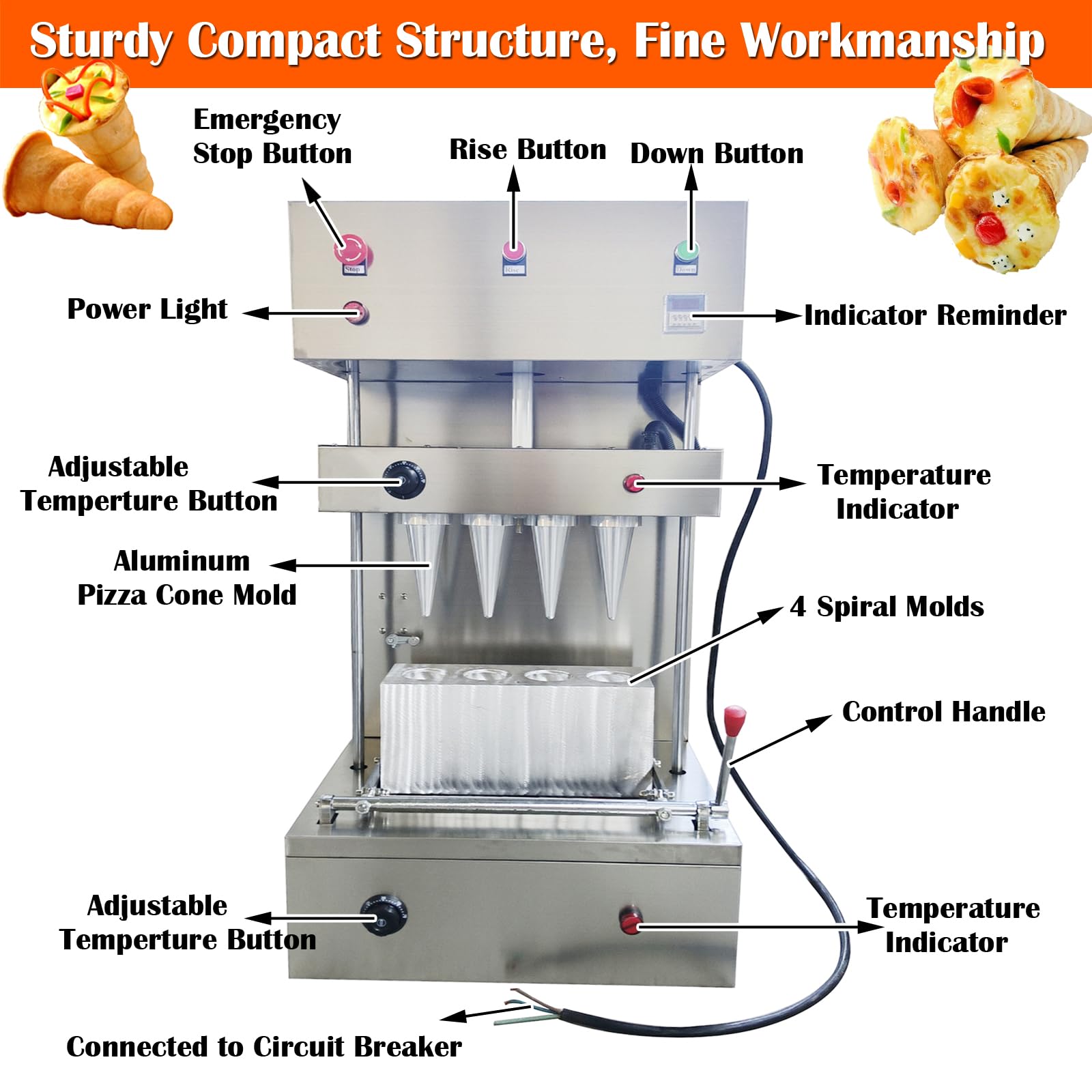 EQCOTWEA Pizza Cone Forming Machine, Pizza Cone Maker, Stainless Steel 4 Heads Pizza Cone Shape Making Machine, 2.76x6.69x0.19in Spiral Cone Pizza, for Hotel Restaurant Bakery Pizzeria 110V 2.8KW