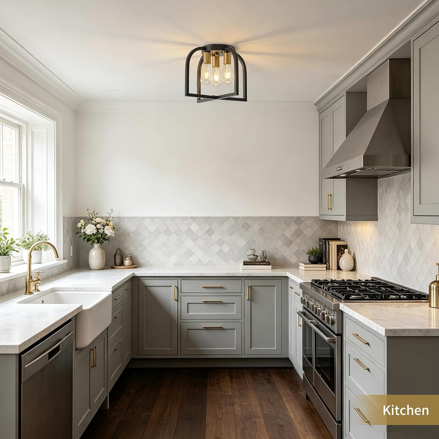 Farmhouse Ceiling Light, 3-Light Rustic Ceiling Light, Industrial Black and Gold Kitchen Light Fixtures Flush Mount, Small Farmhouse Light Fixtures for Entryway Foyer Hallway Bedroom Island