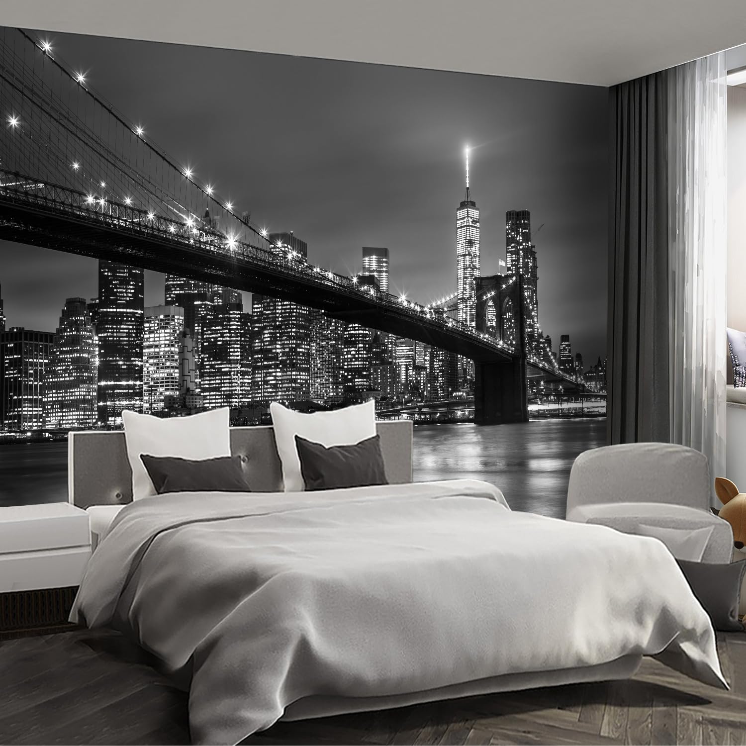 Papier peint Brooklyn Bridge la nuit 400x274 cm gris pour grand salon moderne