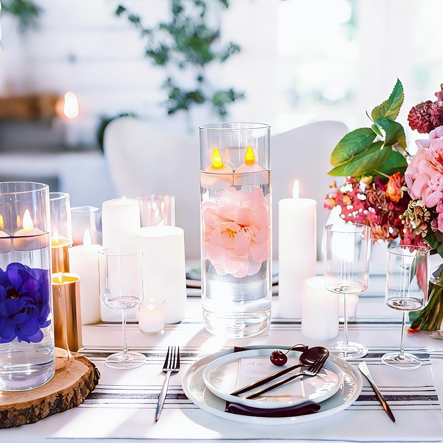 24 Pack Flameless Floating Candles and Floating Artificial Flower Led Battery Operated Waterproof Tea Lights for Vases Centerpieces at Wedding, Party, Pool Decor Pink