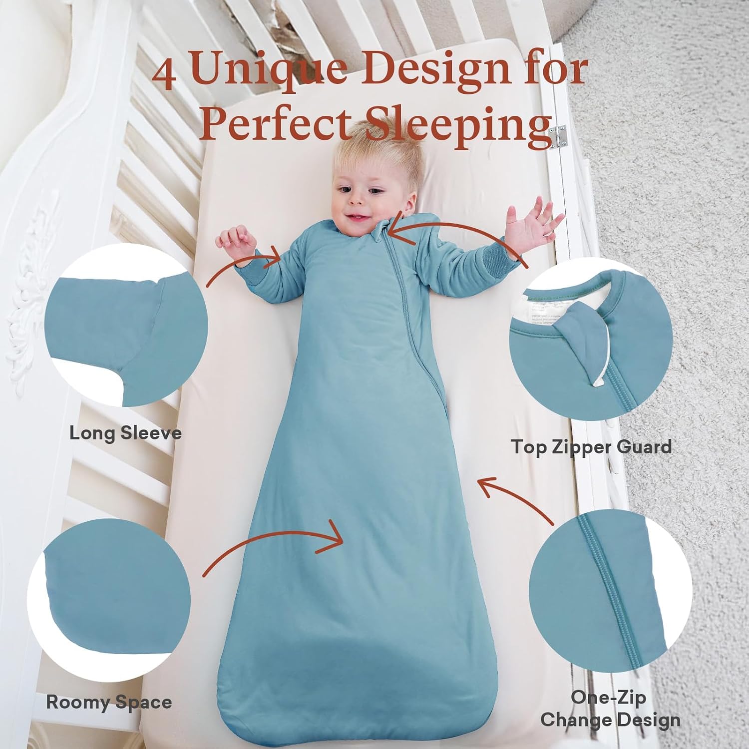 Long Sleeve Baby Sleep Sack 1.0 TOG, Soft Wearable Blanket for Toddlers, 2-Way Zipper Sleeping Sack, Roomy Fit, 3-36 Months