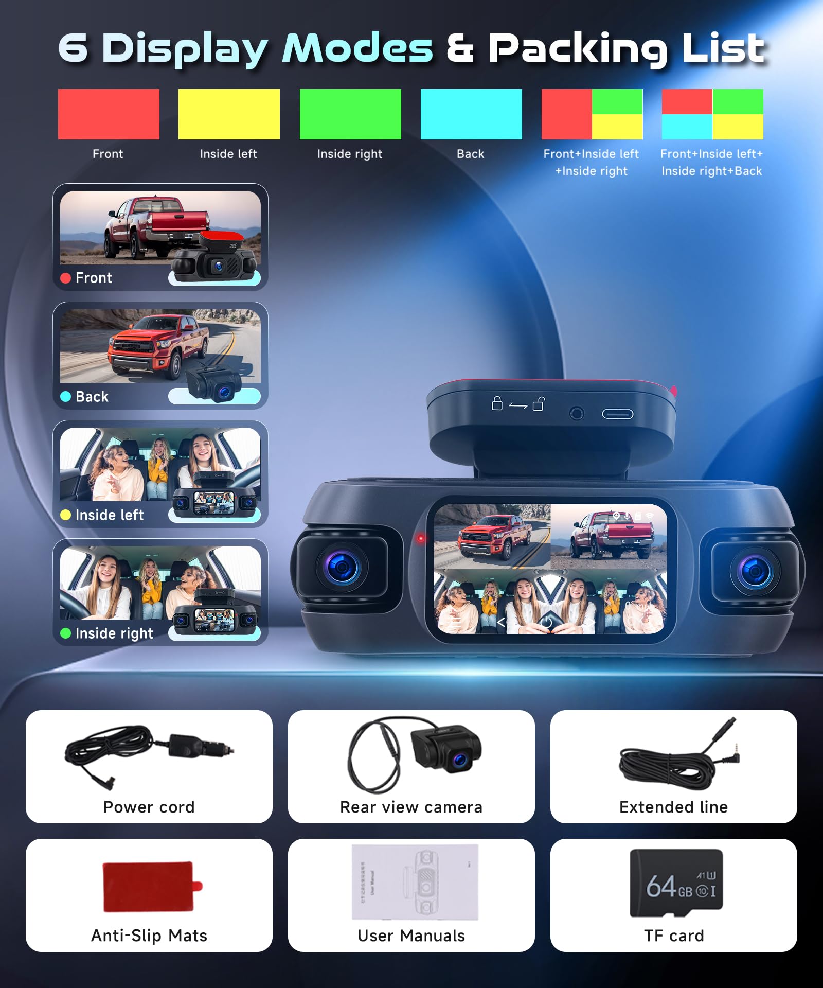 Rimoody Dashcam 4K 4 Cámaras, WiFi App Viidure, Cámara Coche Grabadora 360° con GPS, Visión Nocturna, G-Sensor, Sistema de 4 Canales (4K + 1080P) para Coche con 64 GB Tarjeta