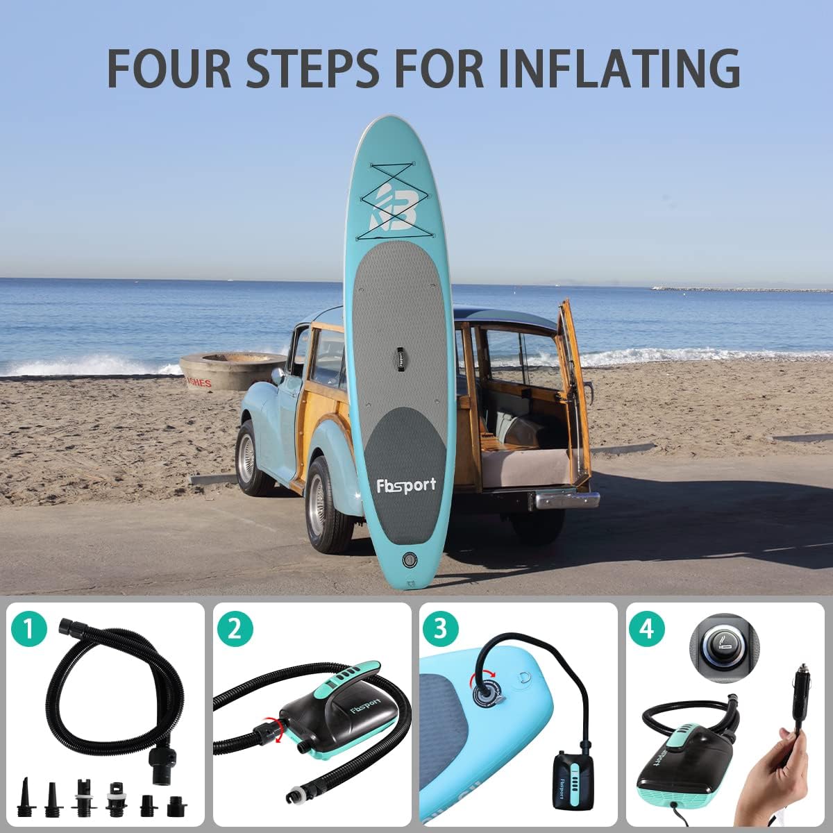 FBSPORT SUP Pump Elettrica 20PSI, 12V DC Pompa per Gonfiabili con Funzione di spegnimento Automatico e LCD, Gonfiaggio e Sgonfiaggio 2-in-1 per Paddle Board Kayak Materasso d'aria Tenda e Barca