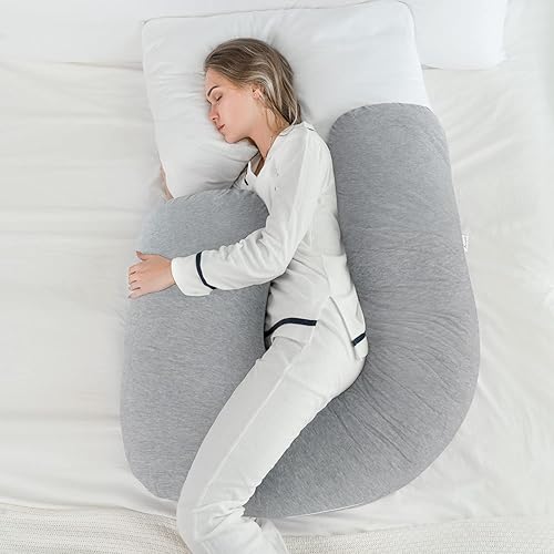 Miniatura 9 de AngQi Almohada de embarazo corporal con funda de jersey, almohada de cuerpo completo en forma de L para mujeres embarazadas y dormir de lado, gris