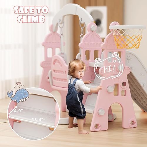 Miniatura 6 de YUFU Juego de tobogán y columpio 4 en 1 para niños pequeños con escalador, columpio, aro de baloncesto, juego para interiores y exteriores para