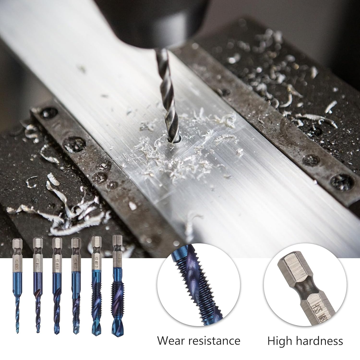 PartyKindom 6pcs M35 Blue Coated Spiral Tap Drill Bits Set with Hex Shank, Metric Thread Screw Tapping Tool (m3-m10) for Industrial Metalworking and Accurate Drilling