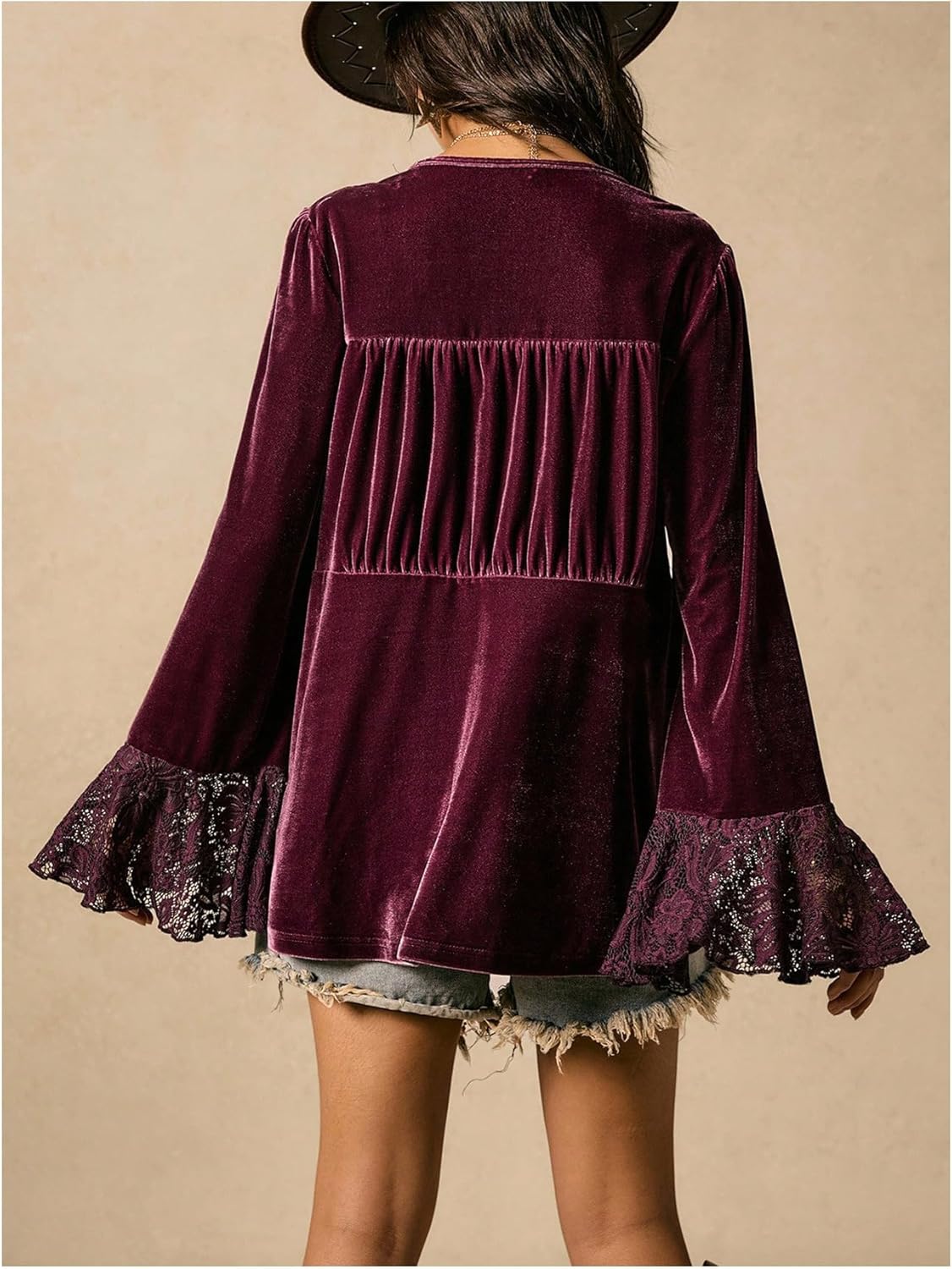 WDIRARA Women's Floral V Neck Velvet Blouse Tie Front Long Flounce Sleeve Shirts Boho Tops